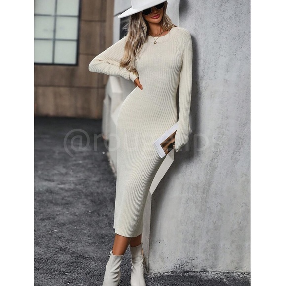 Knit Dress Long Sleeve Open Back Twisted Detail Midi Length Slim - Picture 3 of 8